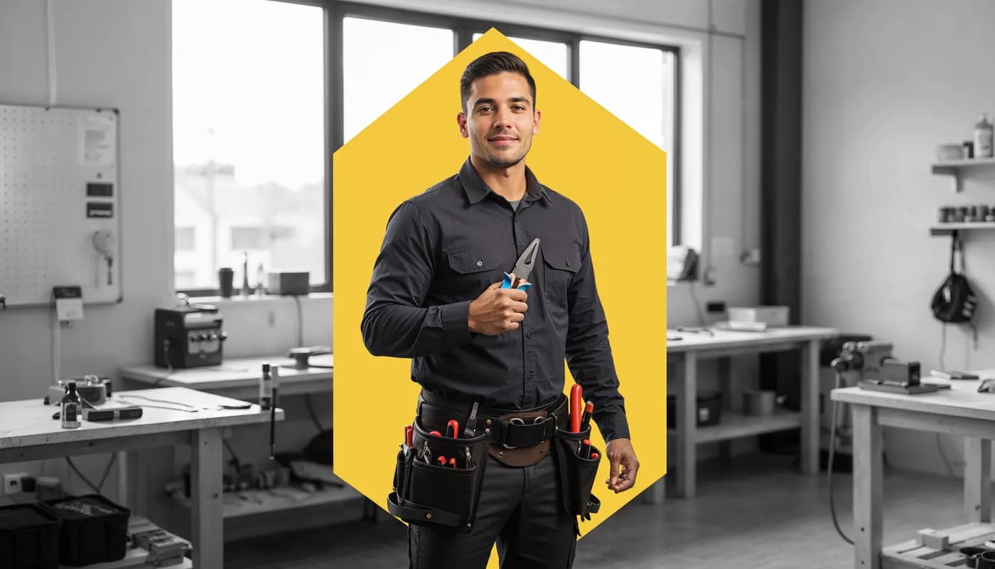 Instalador joven con herramientas en un taller