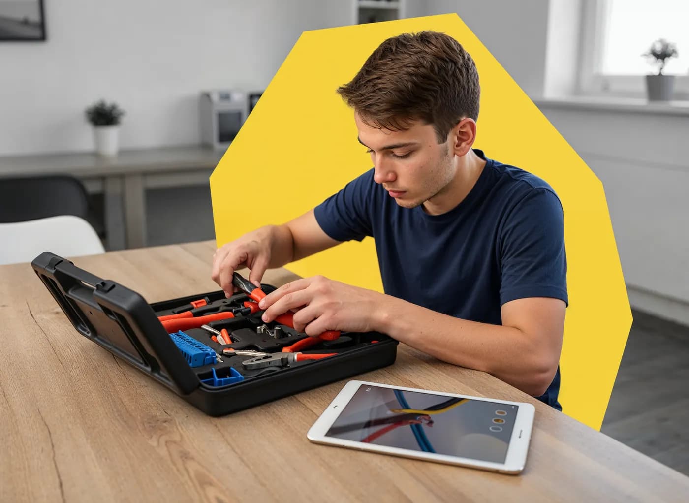 Alumno practicando en casa con el Home Kit y la tablet