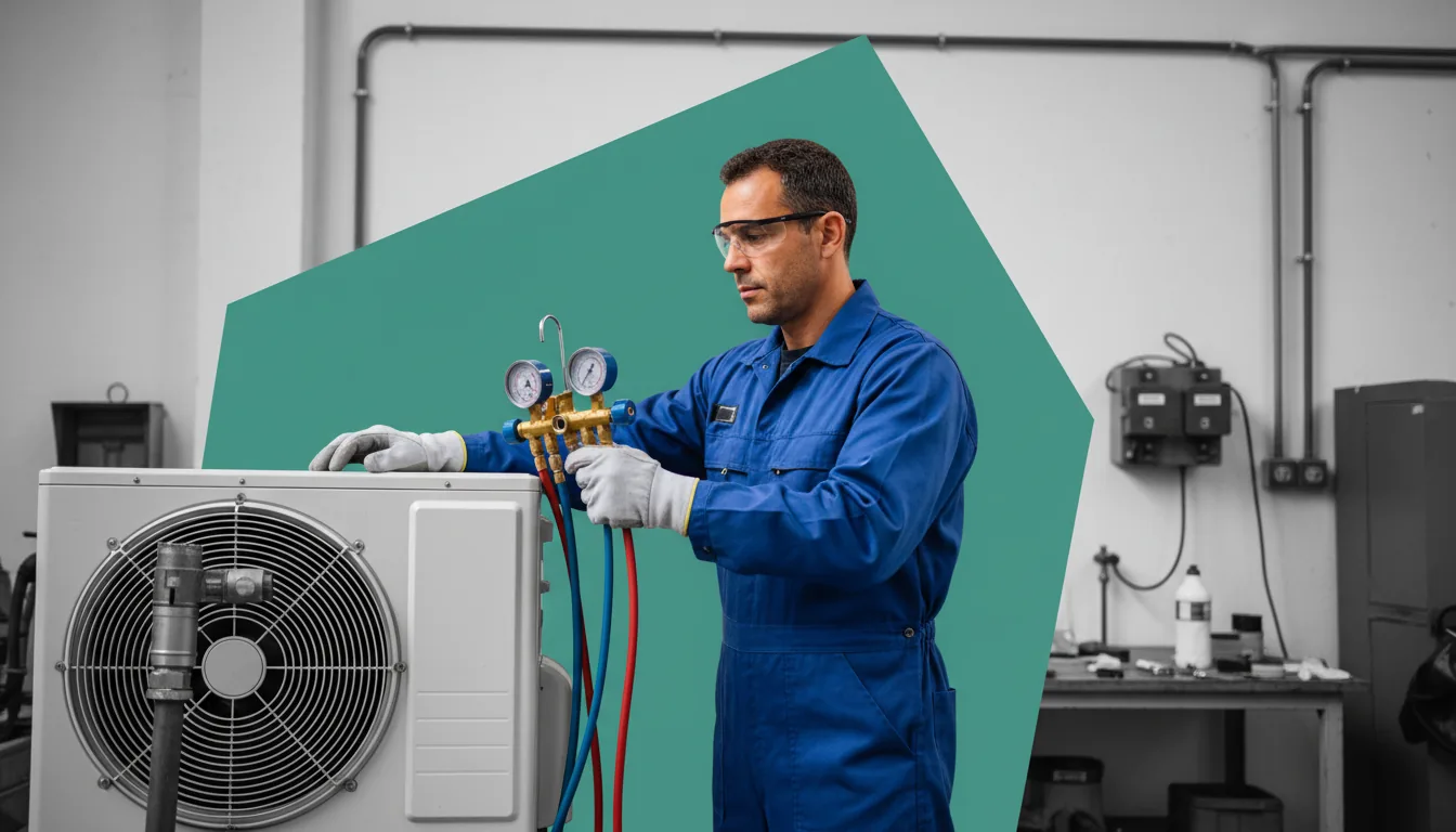 Equipo de climatización y manómetro de un instalador con carnet RITE