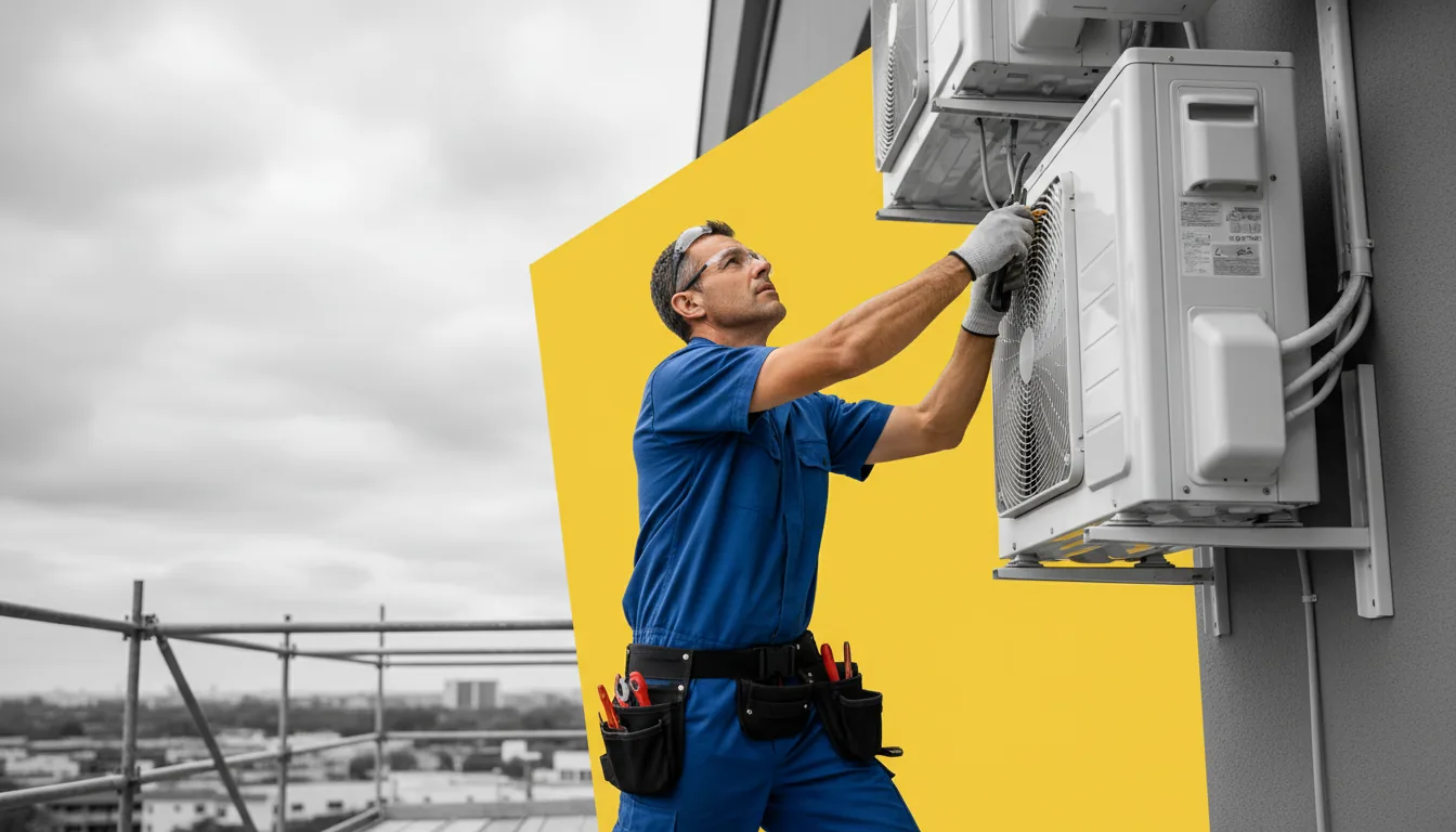 Electricista adulto instalando un equipo de climatización y aerotermia