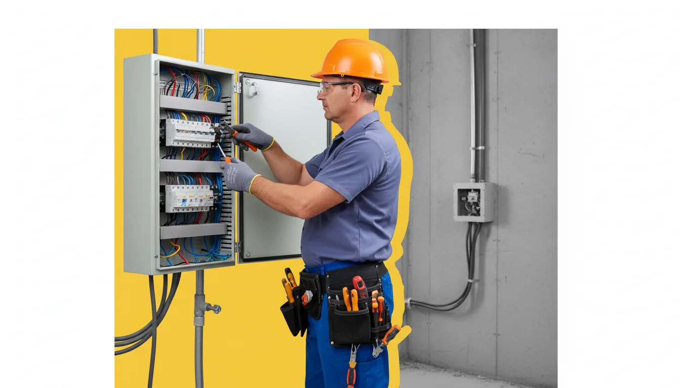 Cuadro eléctrico y herramientas de instalador adulto