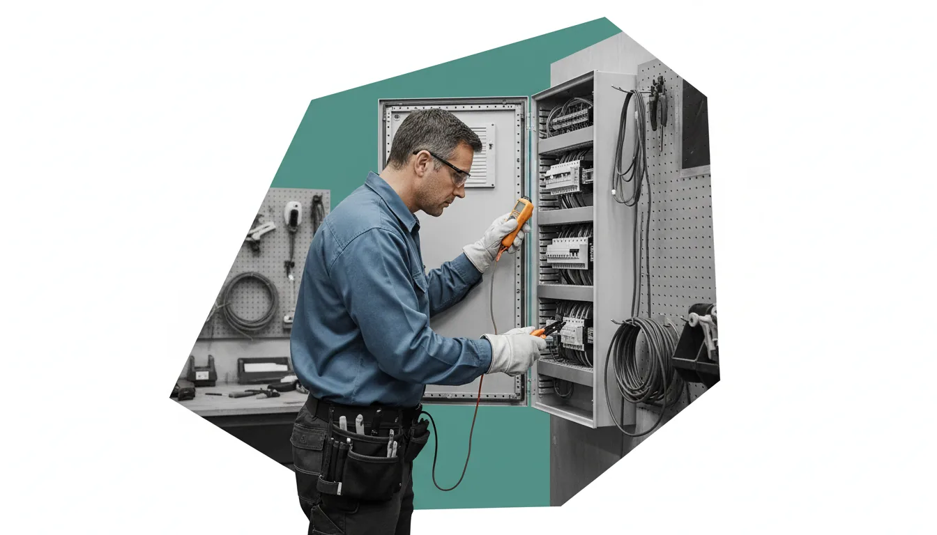 Cuadro eléctrico y herramientas de instalador profesional
