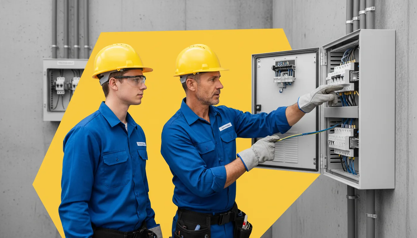 Aprendiz de electricista trabajando junto a un oficial en un cuadro eléctrico