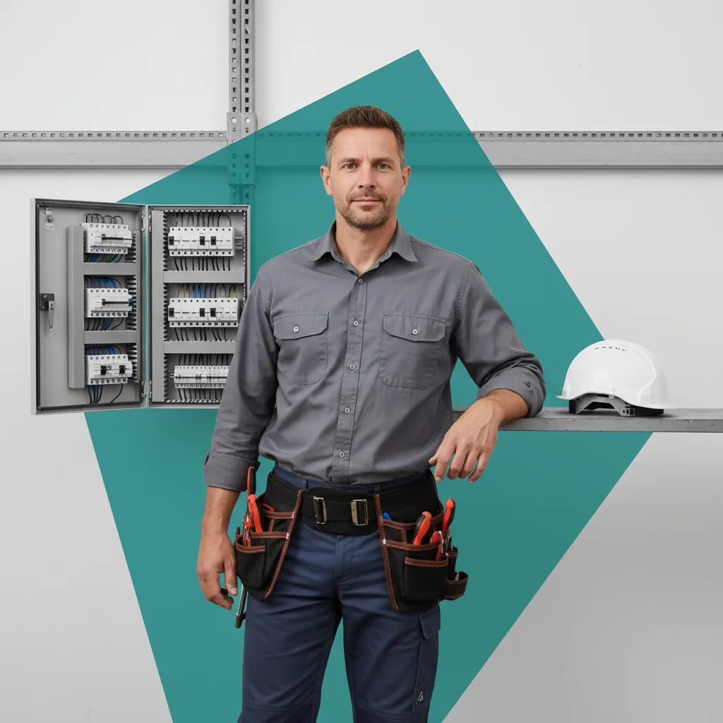 Electricista formado en Kämpe junto a un cuadro de baja tensión