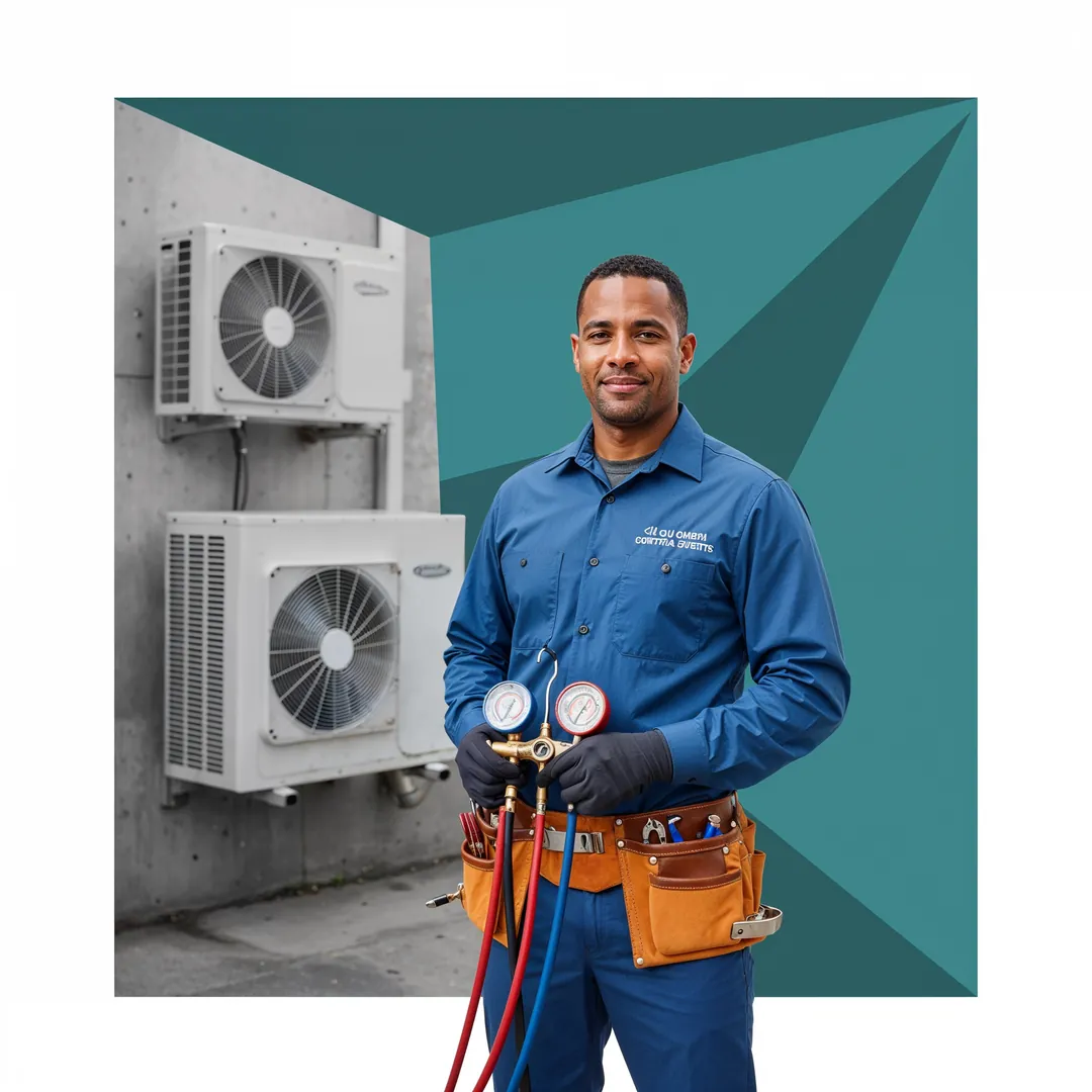 Técnico de instalaciones térmicas con carnet RITE junto a una bomba de calor